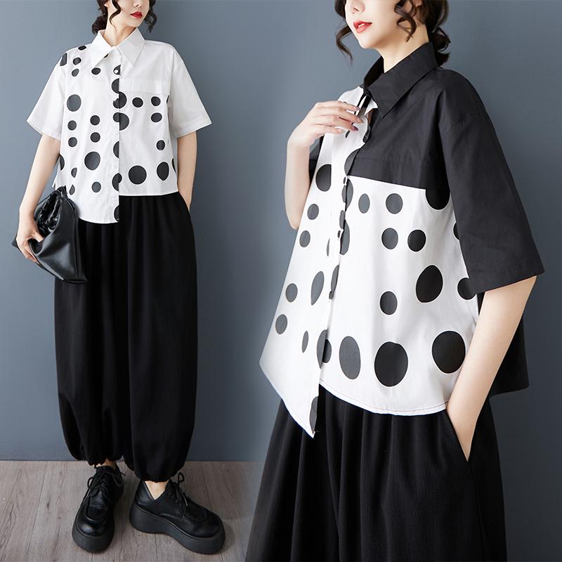 DIMANAF 2025 Plus Size New Summer Blouse Short Sleeve Vintage Polka Dot Printing Casual Women Loose Tops Shirts