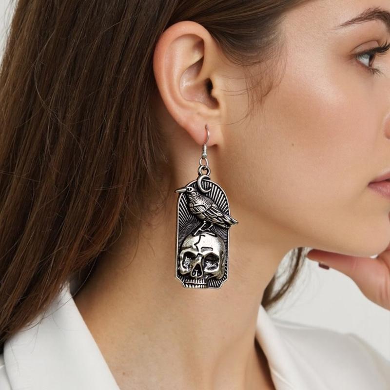 Vintage Silver Tone Skull Design Earrings Sturdy Alloy Material Sophisticated Accessories Antique Finish Earrings