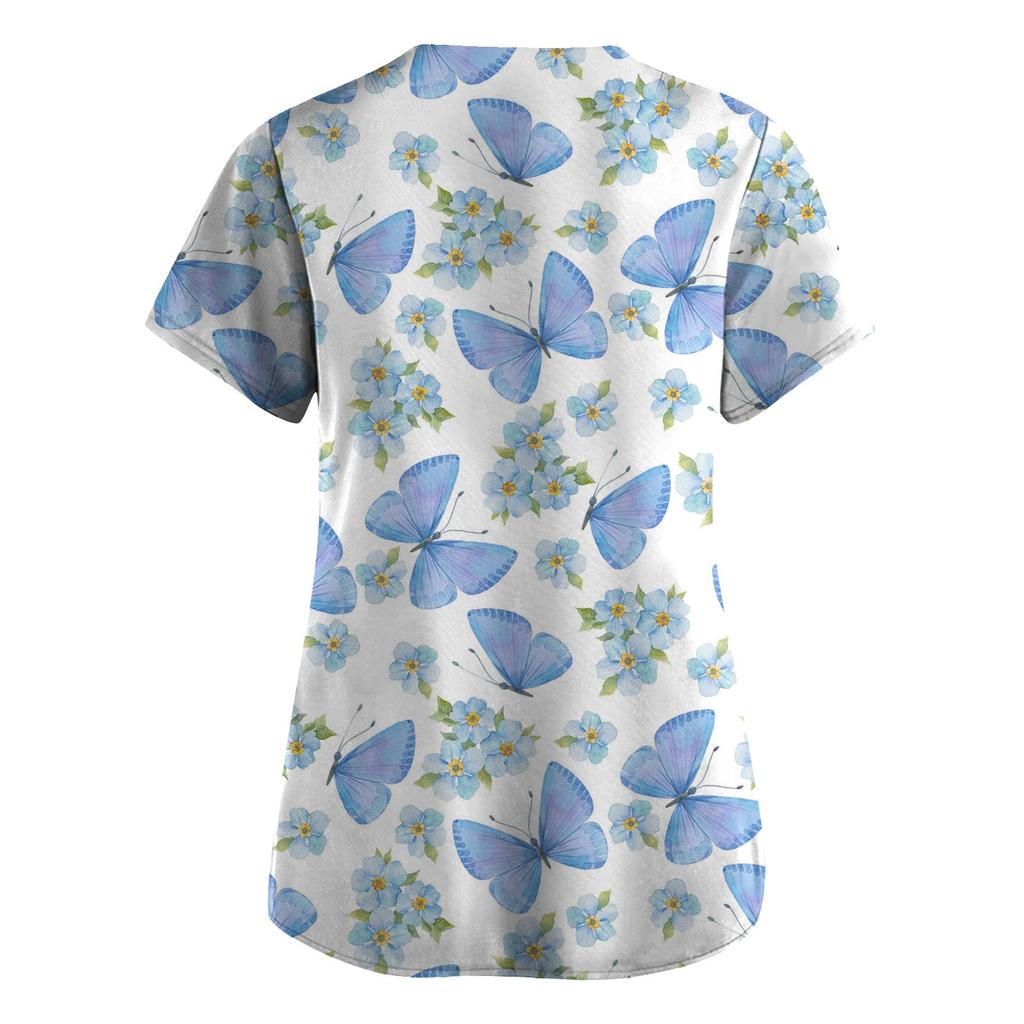 Women's Floral Print V-Neck Scrub Top Comfortable, Breathable, Easy-Care Fabric with Pockets for Nurses & Healthcare