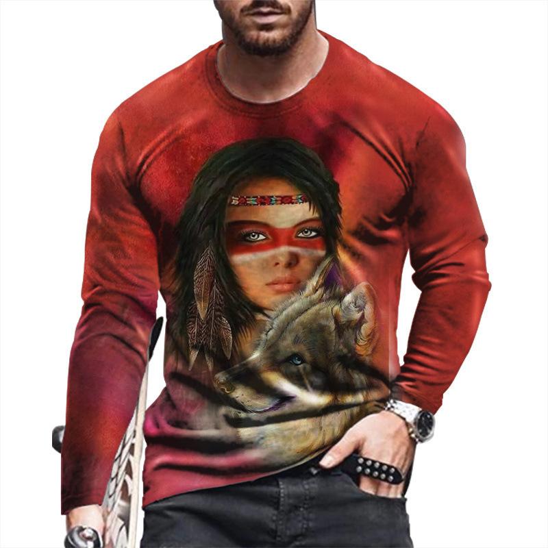 Spring and Autumn Round Neck 3D Native American Pattern Printed Top Fashionable Casual Long Sleeved Men's T-shirts