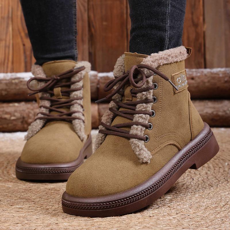 Women's Wide Width Front Lace-Up Martin Boots - Winter Warm Fleece Lined Ankle Boots, Fashion Casual Boots for Fall