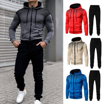 2Pcs/Set Men Sports Suit Drawstring Hooded Long Sleeve Tops Elastic Waist Trousers Set Fitness Outfit Exercise Casual Wear