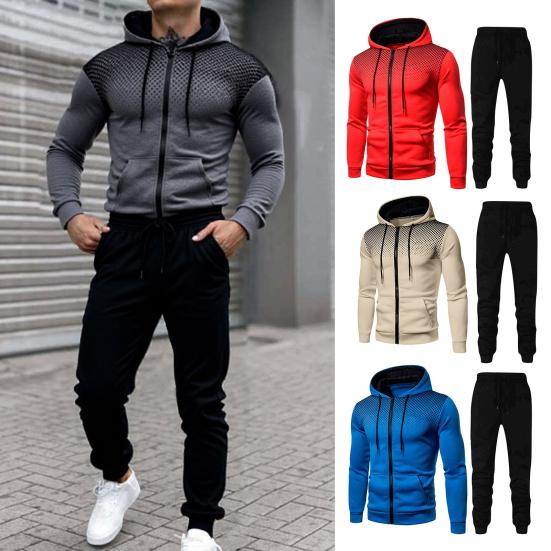 2Pcs/Set Men Sports Suit Drawstring Hooded Long Sleeve Tops Elastic Waist Trousers