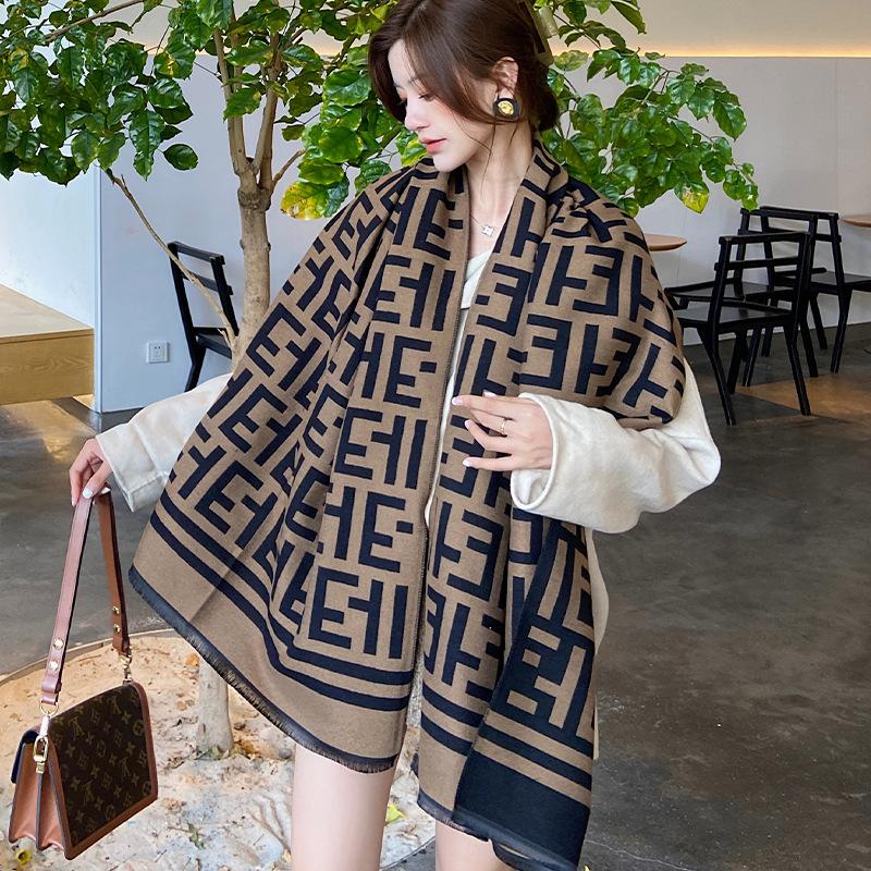 New Winter Imitation Cashmere Scarf F Letter Versatile Long Tassel Shawl Fashion Thickened Scarf
