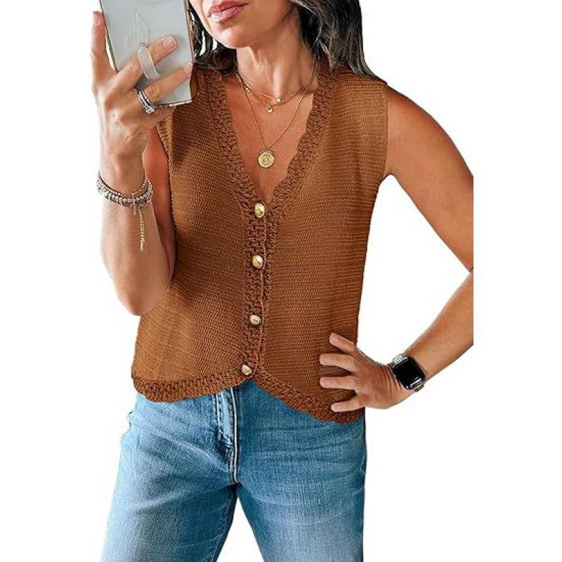Womens V-Neck Sleeveless Knit Cardigan Short Loose Fit Casual Top With Button Front