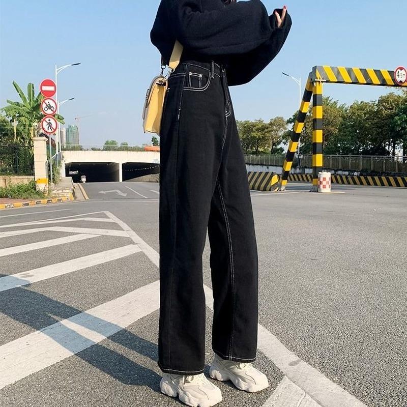 Jeans Donna All-match Pantaloni stile coreano Denim Vintage Nero Solido Vita alta Autunno Baggy Chic Street Casual