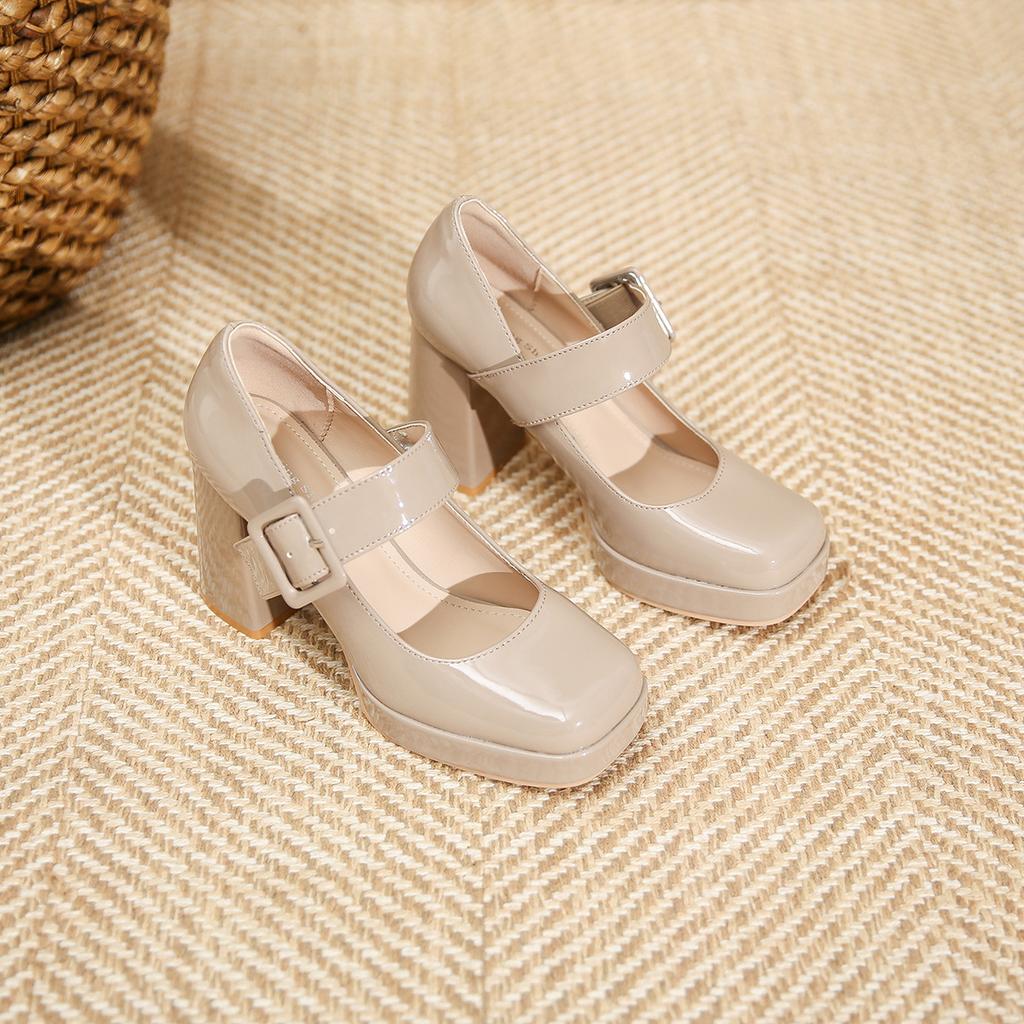 3359-17 Mary Jane Square Head High-heeled Single Shoes, New Light-mouth Buckle Thick-heeled Women's Shoes with Square Buckle Single Shoes