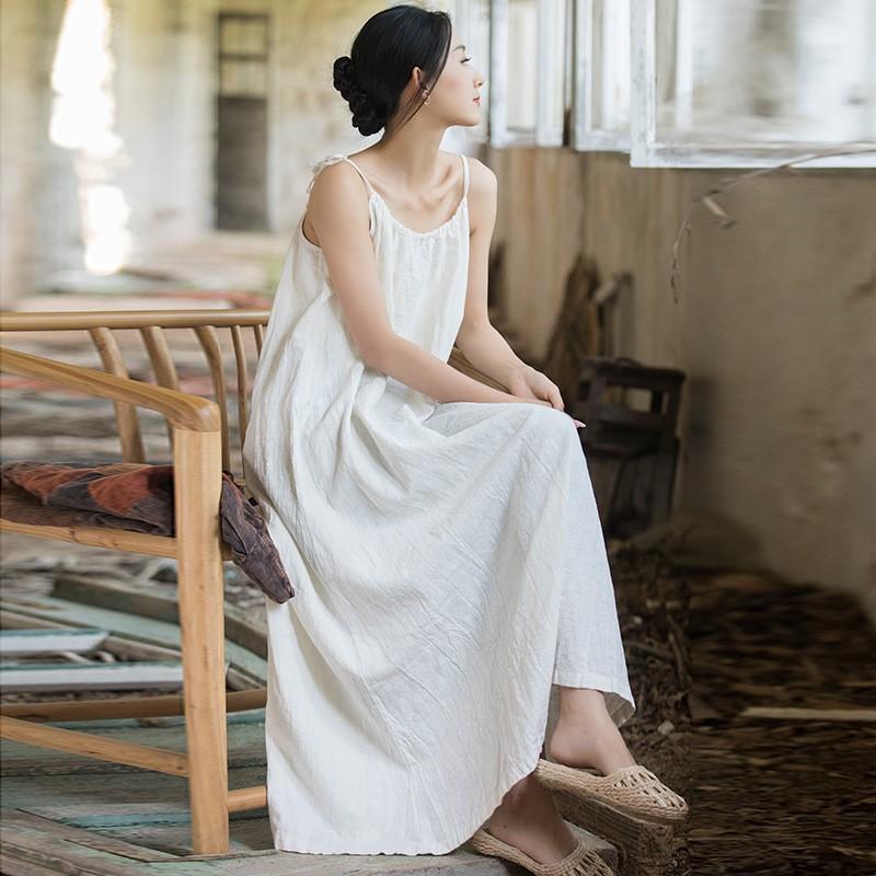 Johnature Women Vintage Ramie Cotton Spaghetti Strap Dress Summer Female Solid Color Sleeveless Dresses
