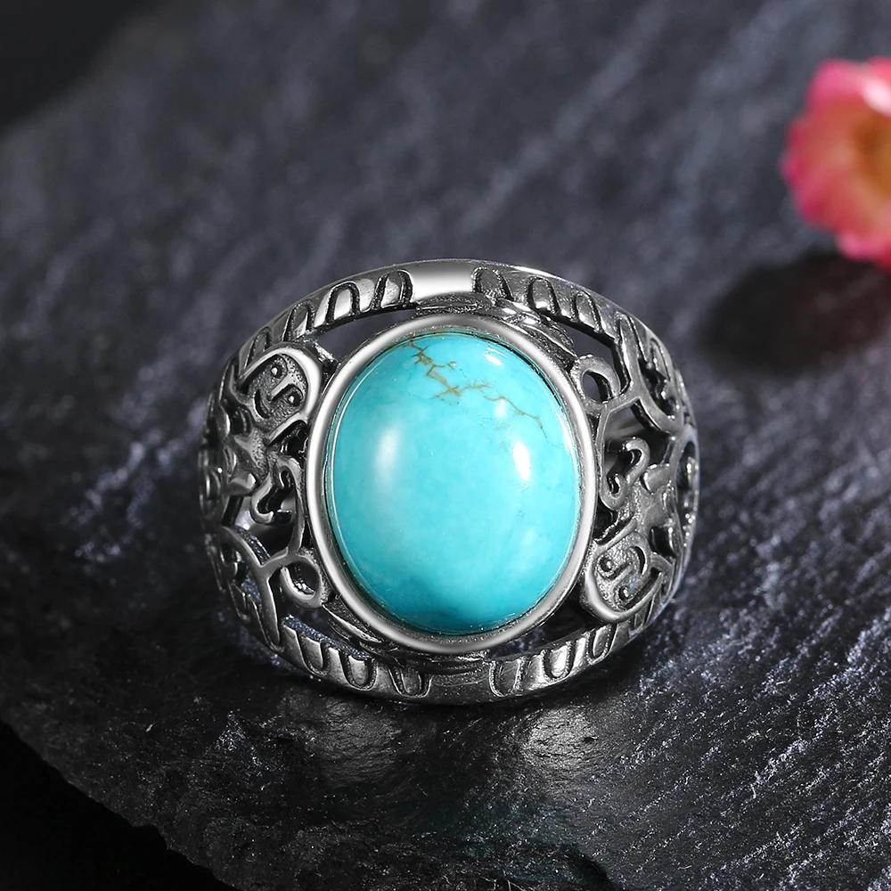 Retro Natural Turquoise Rings Silver S Ring for Women Men Party Engagement Gift Luxury Fine  Ring