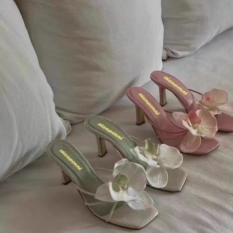 New Summer Stiletto Sandals Women's Square Head Open Toe Thin with Flowers Slip-on High-heeled Slippers