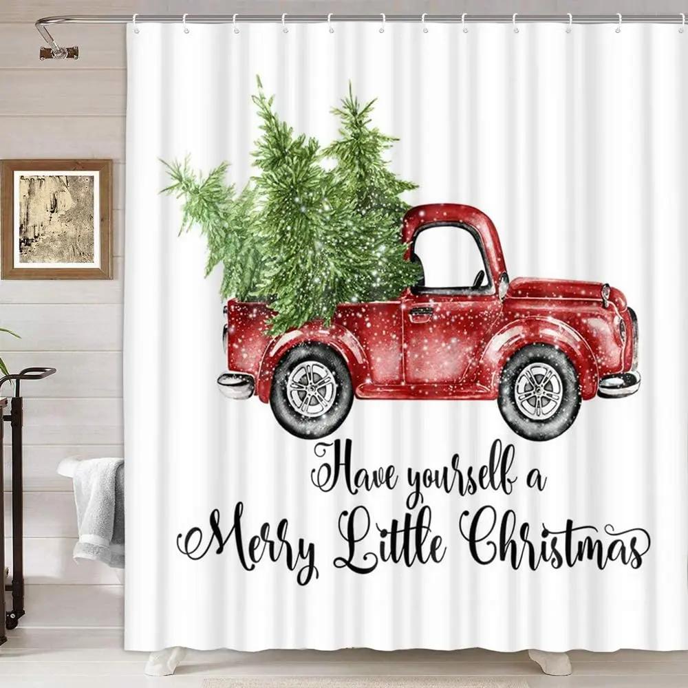 Christmas Truck Shower Curtain Vintage Xmas Car With Snowy Pine Fir Tree New Year Bathroom Accessories Holiday Bath Curtains Set
