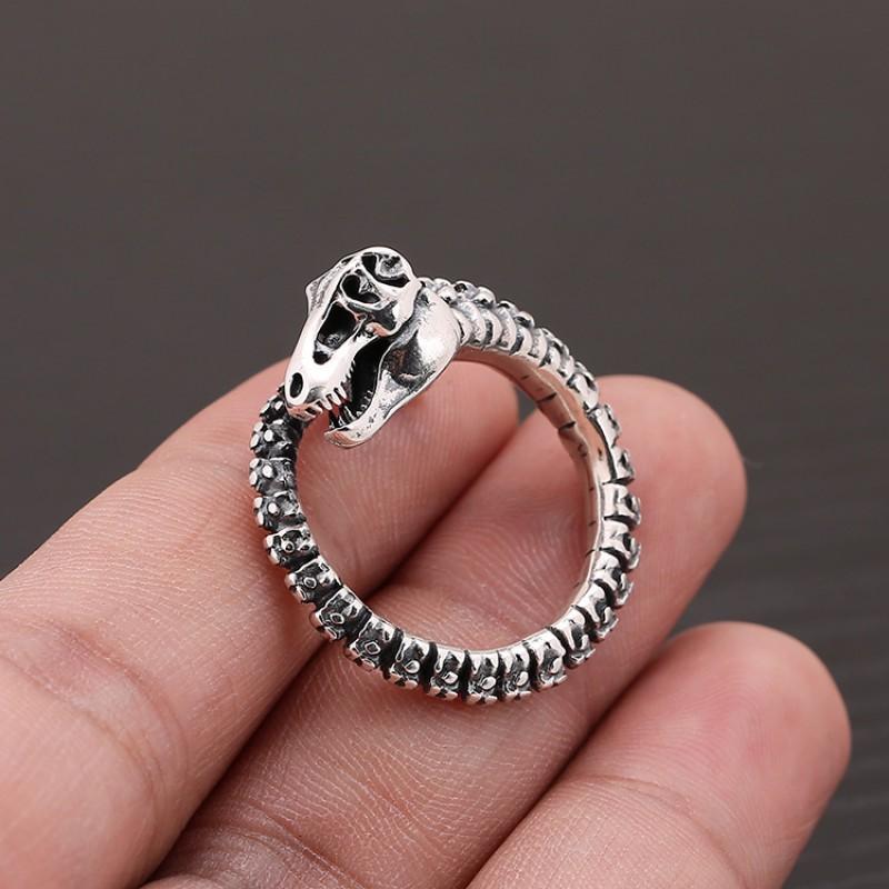 Adjustable Open Ring Men Women Vintage Punk Dinosaur Fossil Skull Design Sterling Geometric Statement