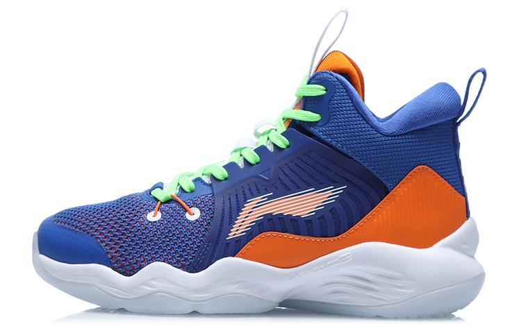 Li Ning YOUNG Slip Resistant Cushioning Breathable Mid top Children s Basketball Shoes Blue Orange YKBQ068-3 36