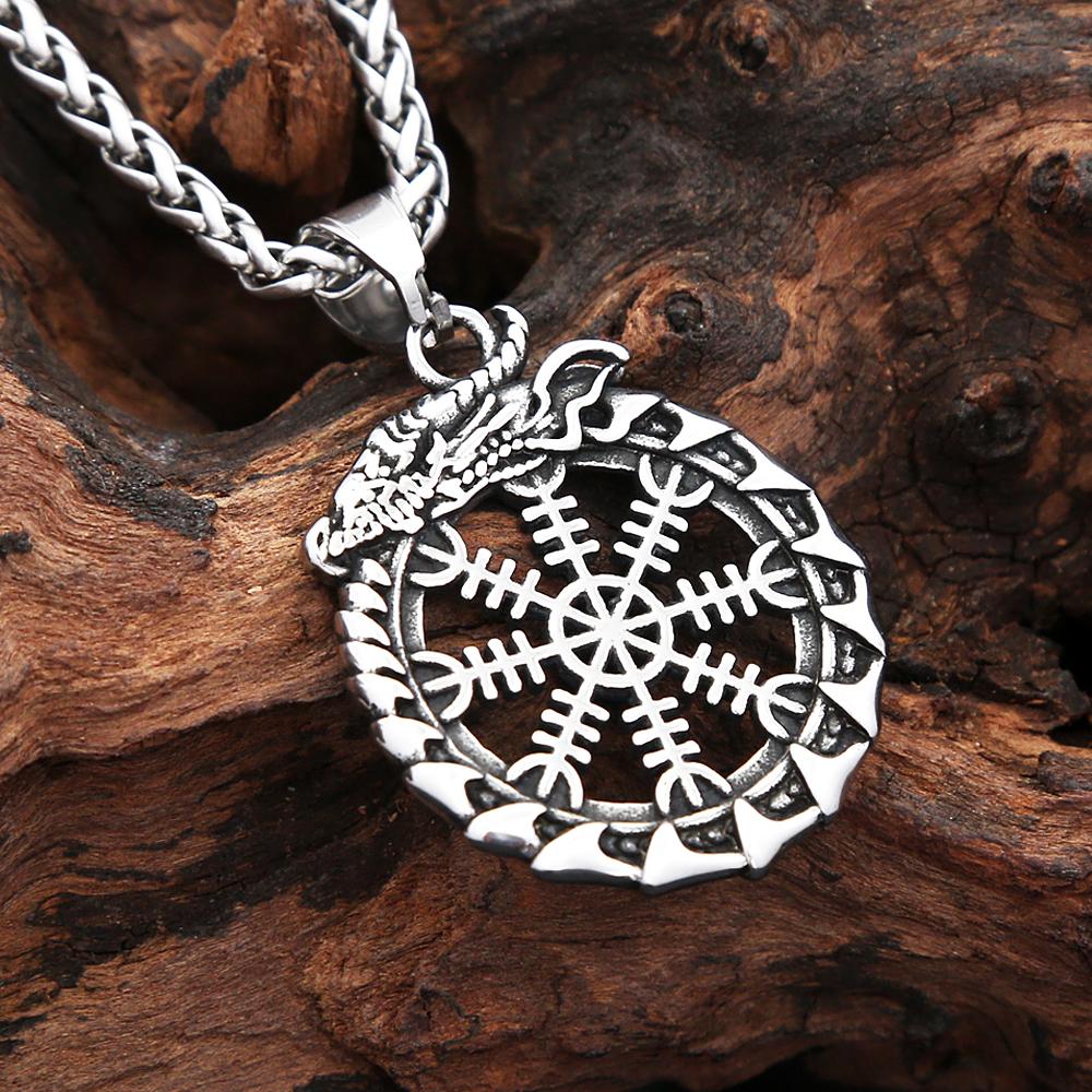Vintage Vikings Dragon Ouroboros Pendant Necklaces For Men Stainless Steel Nordic Viking Compass Necklace  Amulet Jewelry