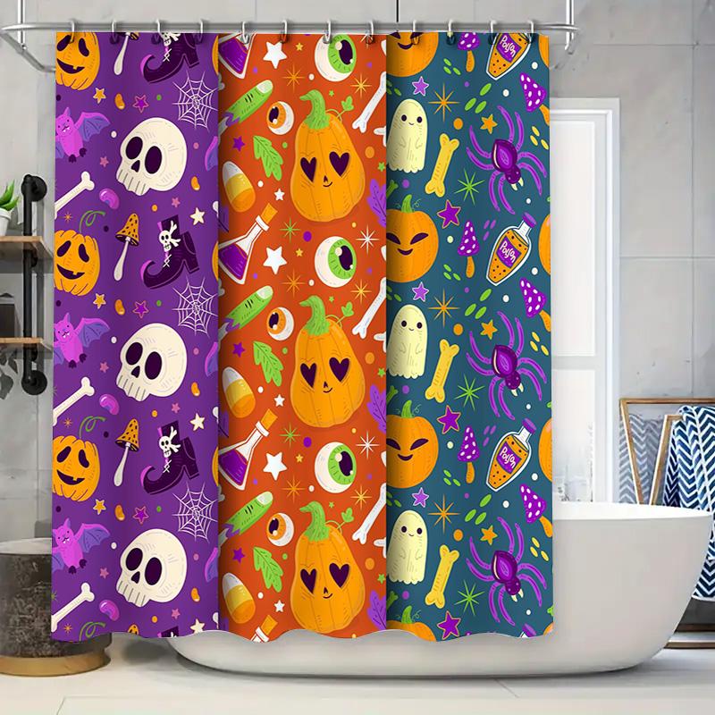 

Halloween-Themed Bathroom Decor Shower Curtain Set Featuring Spooky Skulls, Witches Hats, Bats, And Pumpkins In Purple, Orange, W60H190(CM)-1 Pcs
