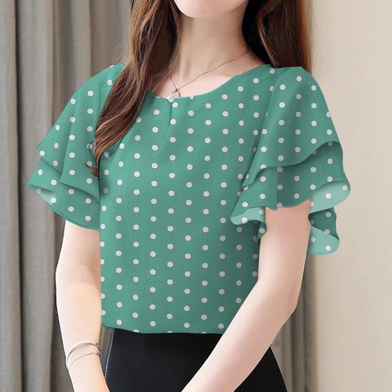 

ZANZEA Женская Свободная Повседневная Блузка с Коротким Рукавом и Оборками в Горошек 2XL зелёный