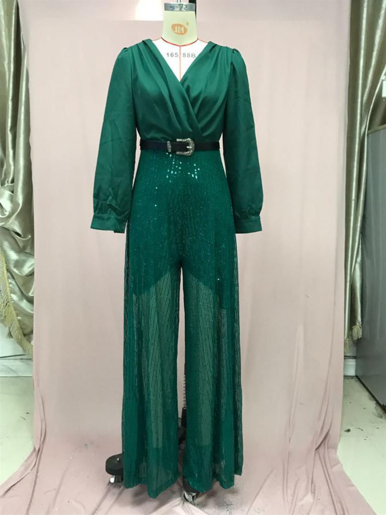 Women's Jumpsuit Fashion V-neck Long Sleeved Shirt with Elegant Temperament Slim Waist and Sequin Wide Leg Pants