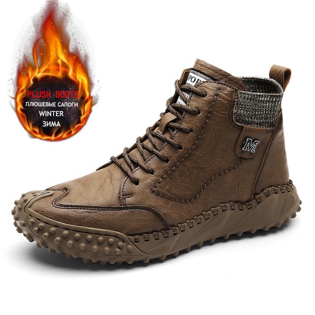 Classic Winter Men's Boots Real Leather Plush Warm Men's Snow Boots Waterproof Outdoor Roman Men Work Boots Men Motorcycle Boots