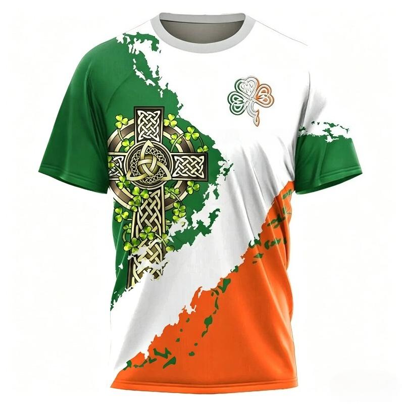 2026 Mens Irish Flag T Shirt for Men St. Patrick s Day Clover Graphic T-Shirts Ireland Celtic Cross 3D Round Neck Tops Tees M