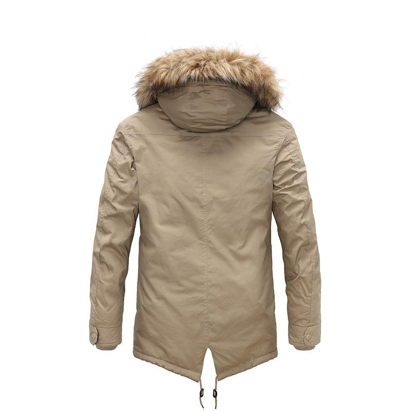 Winter Solid Color Velvet Mid-length Men's Washed Cotton Coat with Hooded Fur Collar and Detachable Multi-pocket Cotton Coat