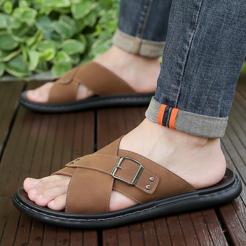 Men Flats Slippers Summer Roman Sandals Retro Black Brown Leather Wide Head Beach Shoes Plus Size
