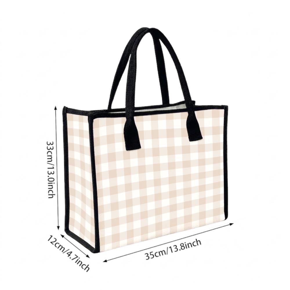 Beige Check Tote Bag Casual Large Capacity Daily Use Handbag