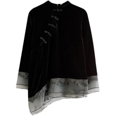 Neues Cheongsam-Top im Chinoiserie-Stil für Frühling und Herbst 2025: Stehkragen, schräge Knopfleiste, lange Ärmel, Spitzenjacquard, Samt.