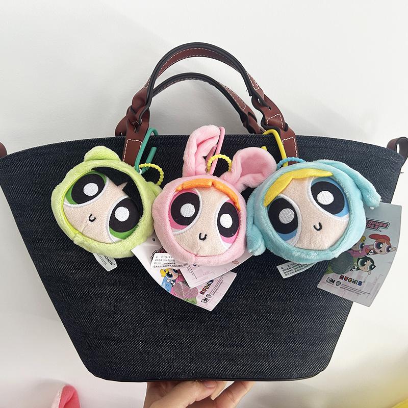 8-12cm Powerpuff Girls Plush Keychains and Bag Small Animal Head Plush Doll Pendant Cute Cartoon Girl Bag Hanging Adorn Toy