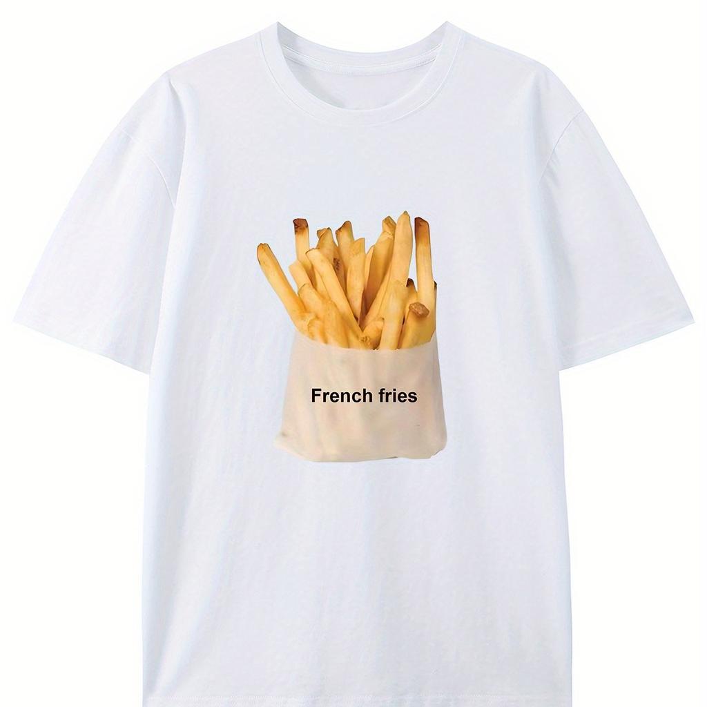 Unisexs Retro Style Cotton Tshirt with Creative French Fry Print Casual Round Neck Short Sleeved Summer Top