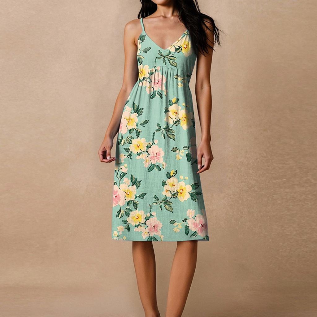Women's Spaghetti Strap Backless Bow Loose Casual Beach Vacation Floral Printed Dress Sundress