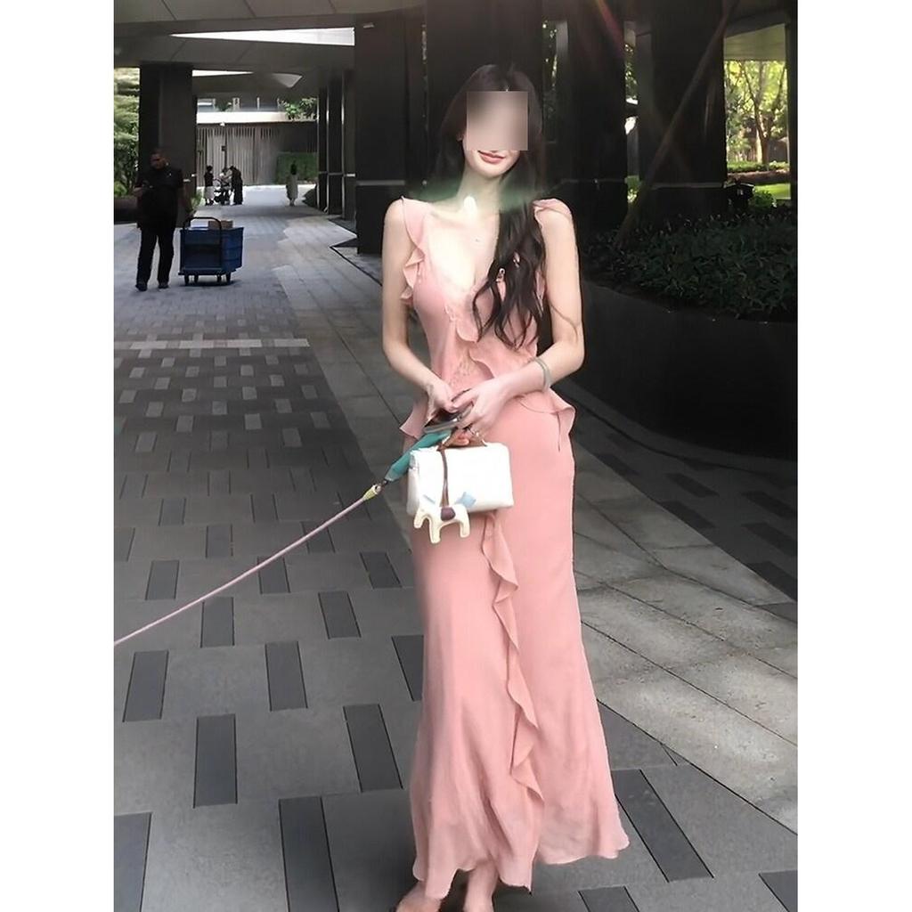 Pure Desire Style Pink V-neck Suspender Dress Women's Summer Lace Ruffle Edge Skirt Waist-wrapped Hip Fishtail Dress