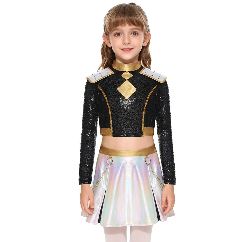 Disfraz de Cantante Inspirado en Demonio para Niñas Patchwork Manga Larga Cremallera Invisible en la Espalda Lentejuelas Crop Top Cadena de Cintura Conjunto de Falda