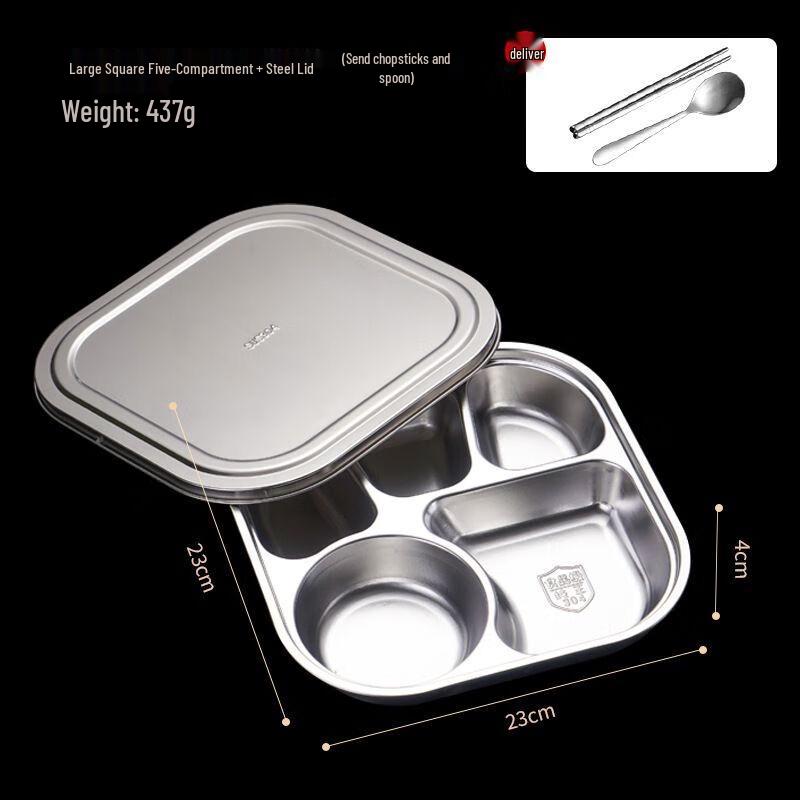 304 Stainless Steel Compartment Meal Tray with Lid