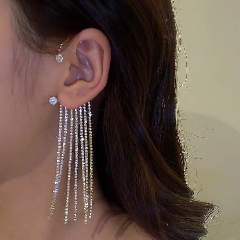 Ny Luksuriøs Skinnende Zirkon Rhinestone Lang Duskel Øreklem Ørepynt Øremansjett Utsøkt Ørepynt Bryllupsfest Zirkon