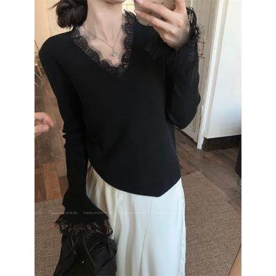Black Lace Knitted Sweater Women's Collar Trendy Inner Long Sleeve Top Autumn and Winter Slim Flared Sleeve Bottom Sweater