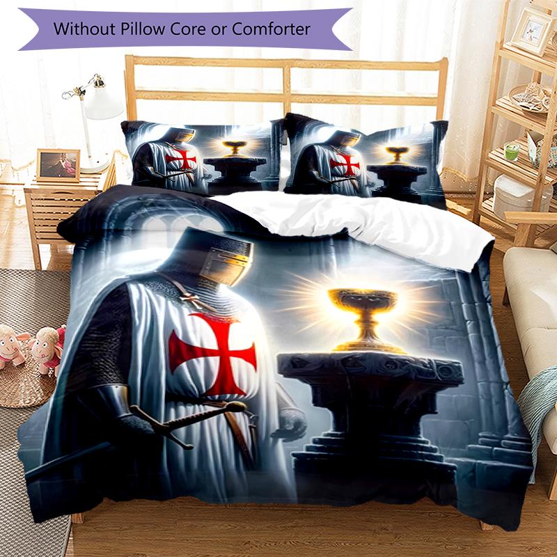 3pcs Knights Templar1 Pattern Bedding Set Duvet Cover Set Includes Duvet Cover &pillowcases, Perfect All Season Bedroom Decoration & Gift
