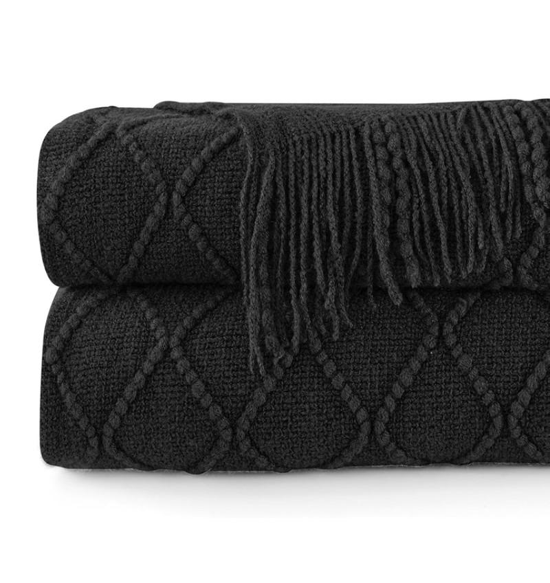 Gift Knitted Throw Blankets For Couch And Bed, Soft Cozy Knit Blanket With Tassel, Black Lightweight Decorative Blankets Throws