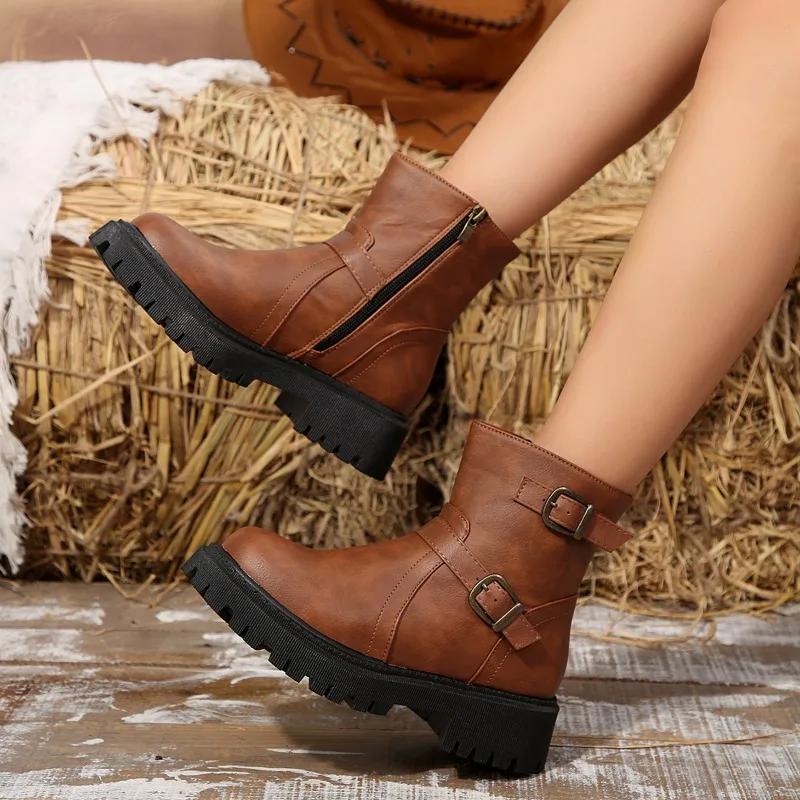 Women's Thick Soled Flat Motorcycle Boots  New Hot Selling Fashion Classic Retro Zipper Ankle Shoes New Walking Zapatos