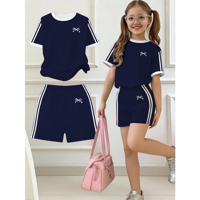 Kids Clothes Girls, 2pcs Set, Easy Bow Print Short Sleeve T-Shirt And Shorts Set, Suitable for Spring and Summer, Y2K Fashion