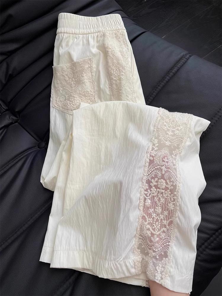 

Women s Autumn Ice Silk Wide-Leg Pants: Milk White Lace, Elastic Waist, Loose, Slimming, Quick-Dry, Sun Protection. S