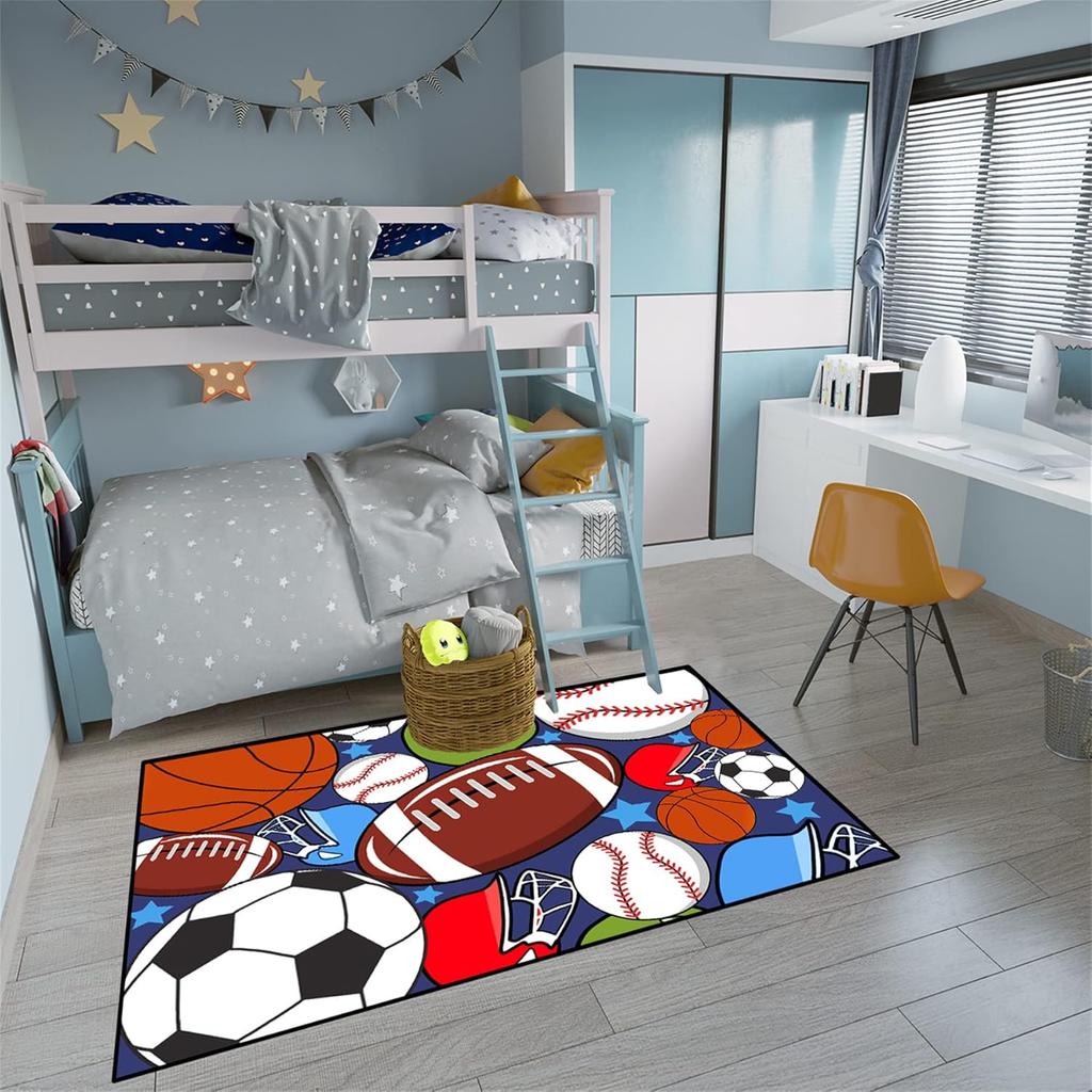 Sports Balls Play Rug for Kids Bedroom, Soccer, Basketball, Football, and Tennis Ball Carpet, Non-Slip Playroom Floor Mat