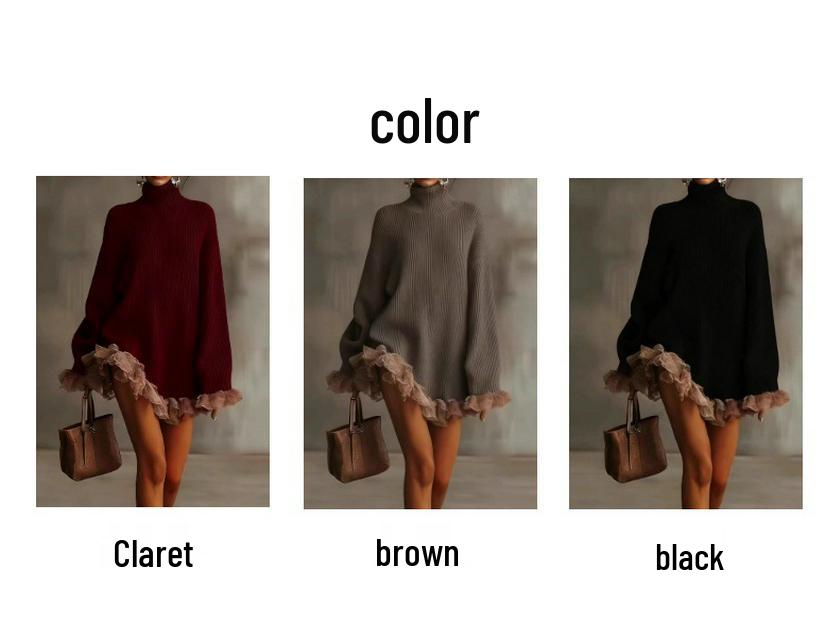 2026 Damen Europäisches & Amerikanisches Gestricktes High-Neck Patchwork Rüschen Langarm Top