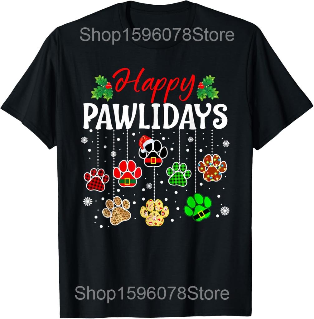 Dog Paws Print Christmas Tree Lights Dog Lover T Shirts Men Cotton Humor Streetwear Tee Shirt Short Sleeve Unisex Loose Clothing