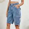 Women's Elastic Waist Denim Cargo Bermuda Shorts Multi‑Pocket Straight Leg Washed Denim Knee‑Length Shorts
