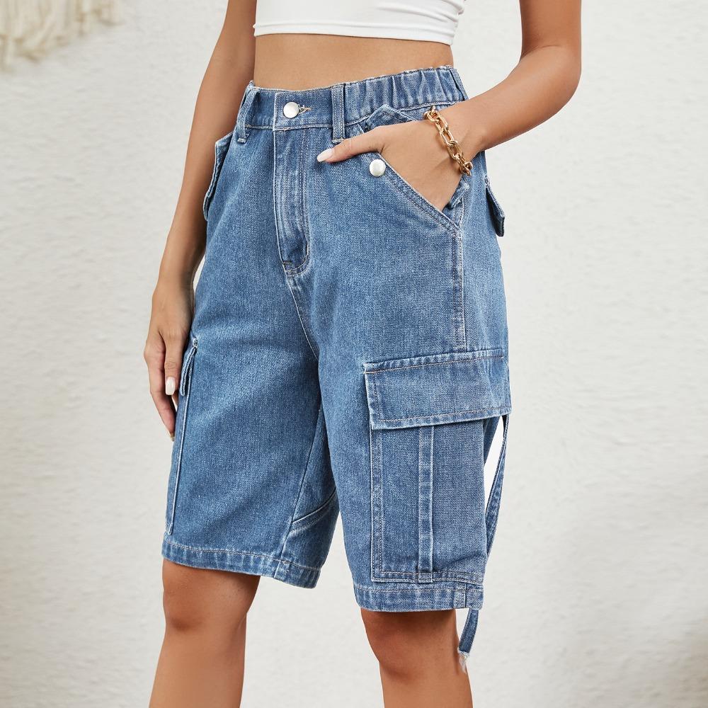 Women's Elastic Waist Denim Cargo Bermuda Shorts Multi‑Pocket Straight Leg Washed Denim Knee‑Length Shorts