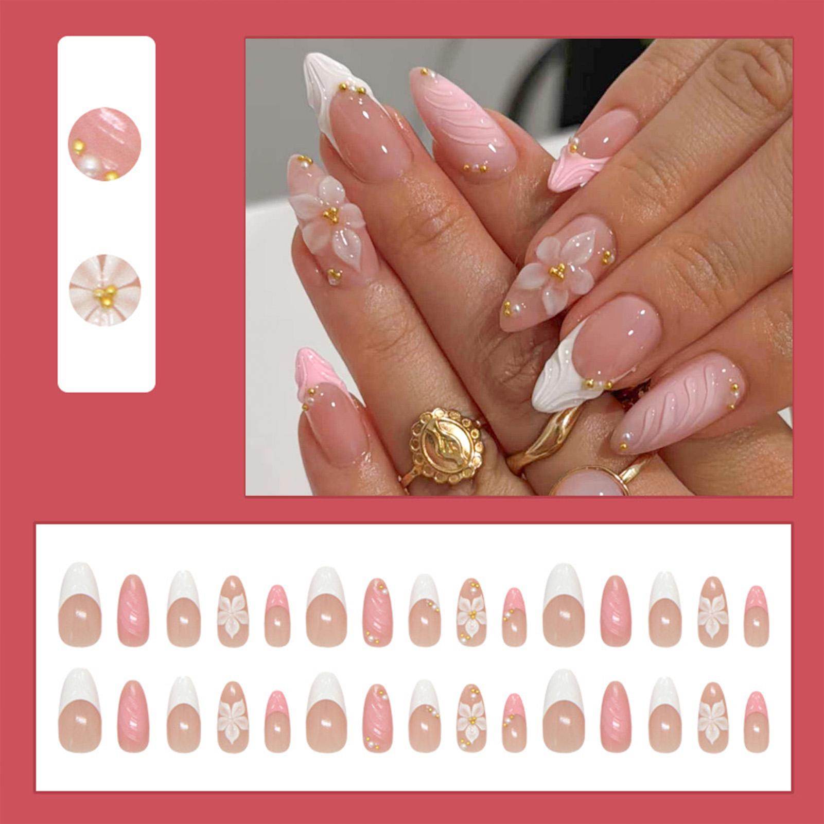 30Pcs French Blush False Nails with Pearl and Ice Flower Design for Wedding Travel Z1213 Frosty French розовый