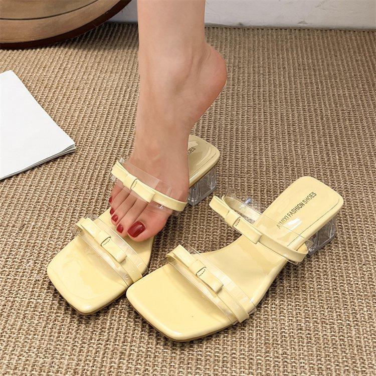 Square Head Bow Crystal Heel French Sandals Girl 2025 New Summer High Heel Fairy Style Thick Heel Sandals Sweet