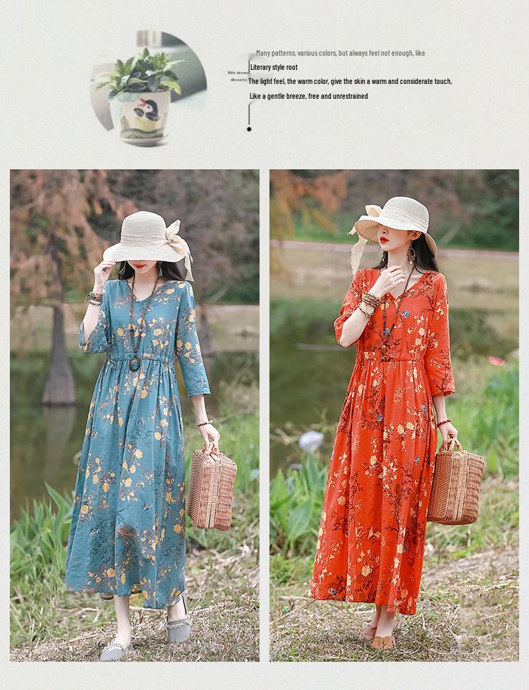 2026 Summer Retro Print Cotton & Linen Long Dress for Women
