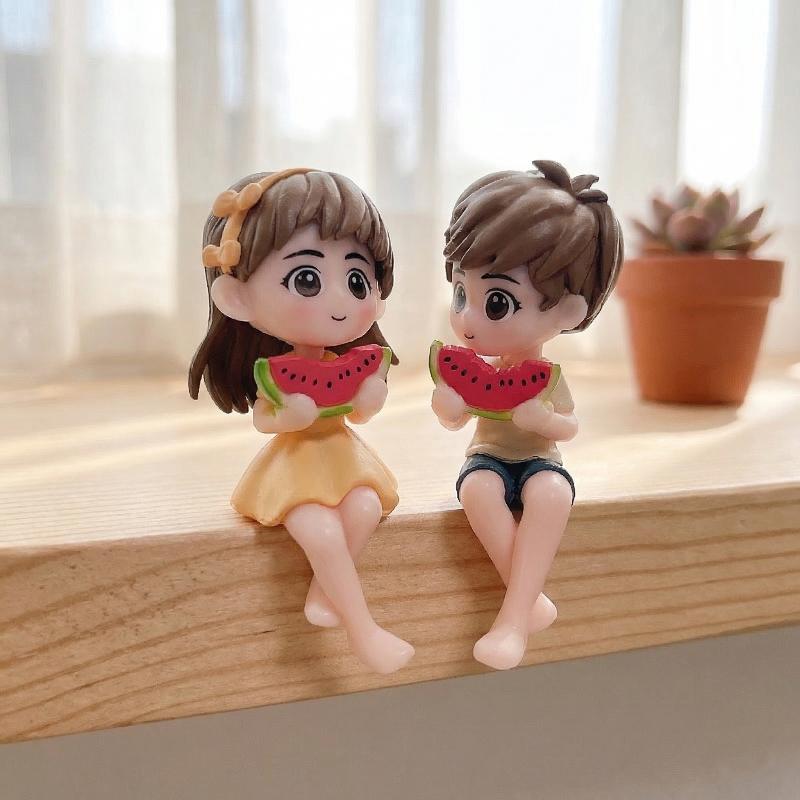 1 Paar Wassermelonen essende Figuren Paar Liebende Figuren Paar Miniatur Junge Mädchen Modell Prinzessin Fee Garten Auto Ornamente