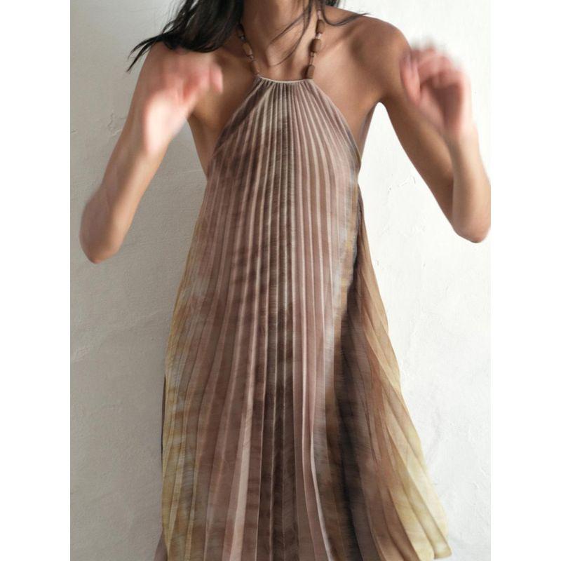Za2024 Summer New Product Women's Clothes Vacation Style off-the-Shoulder Tie-Dye Hanging Collar Pleated Dress 3666096 330